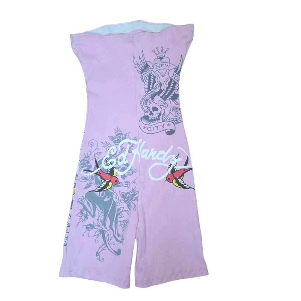 Ed Hardy Womens S Pink Love Kills Strapless Ribbed Romper Y2K Tattoo Graphic